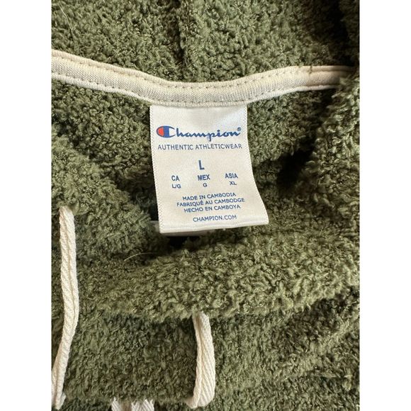 Champion Women's Fuzzy Olive Green Cropped Hoodie with Embroidered Logo, Size L - Picture 2 of 4
